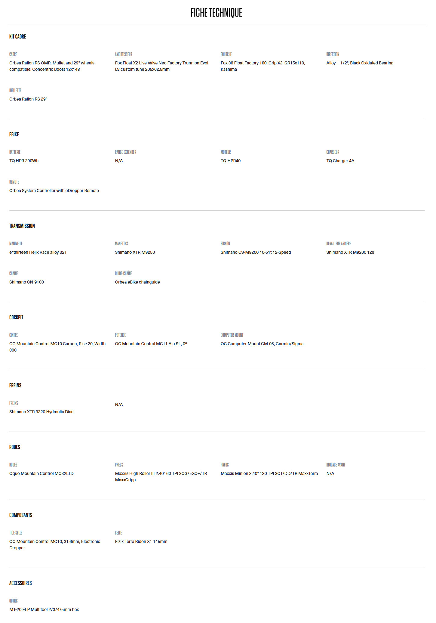 Caracteristique technique du Vélo Rallon RS-LTD année 2026